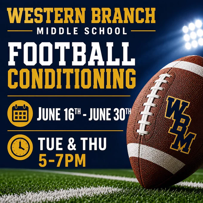 An energetic promotional graphic for Western Branch Middle School Football Conditioning, designed in navy blue, gold, and white. The top text reads "WESTERN BRANCH MIDDLE SCHOOL FOOTBALL CONDITIONING" in bold block letters. Below, a yellow calendar icon indicates the dates "JUNE 16TH - JUNE 30TH", and a yellow clock icon indicates "TUE & THU 5-7PM". The right side features a close-up of a football resting on a green field under stadium lights, with a stylized "WBM" school logo emblazoned on the leather.