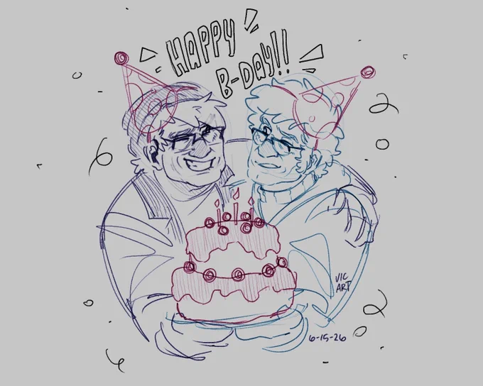 Happy Birthday Art of Stan Pines and Ford Pines from Gravity Falls, doodles by VicArtless. The brothers hug each other with happy expressions and hold a cake together. The text on the image says, “Happy B-Day!”