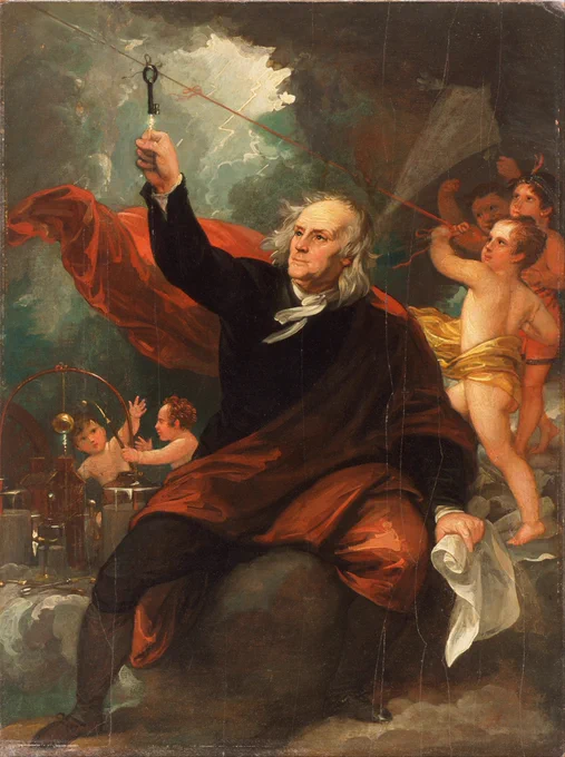 Benjamin Franklin Mengambil Listrik dari Langit , sebuah penggambaran artistik dari percobaan layang-layang Franklin yang dilukis oleh Benjamin West, sekitar tahun  1816.

Source: https://en.wikipedia.org