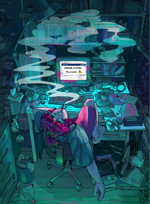 A full color illustration depicting a desk drown under mess, papers, and e diverses objects. In the center there’s modern Shang Qinghua sitting lazily on his chair. He is smocking and looking at the ceiling (the spectator). There’s smoke rising up from his cigarette. On his old Microsoft cumputer, there’s a error message in big with a glitching effect, in front of a Word document open. There’s little Easter Eggs’ like Big Tiddies Mobei Jun mouse pad or a little Binghe in paper. There’s also Hastune Mike figurines on the side. The drawing in into saturated blue, green and pink, neon style.