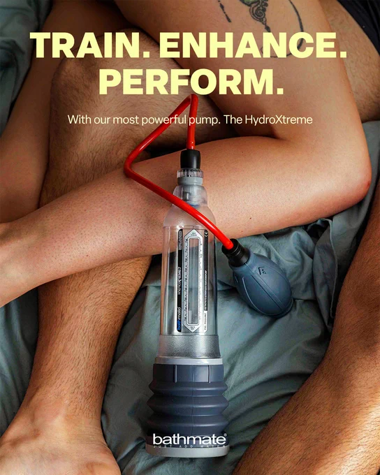 A promotional image for Bathmate's HydroXtreme pump, featuring close-up legs intertwined with the product in focus. The motivational text emphasizes training, enhancement, and performance.