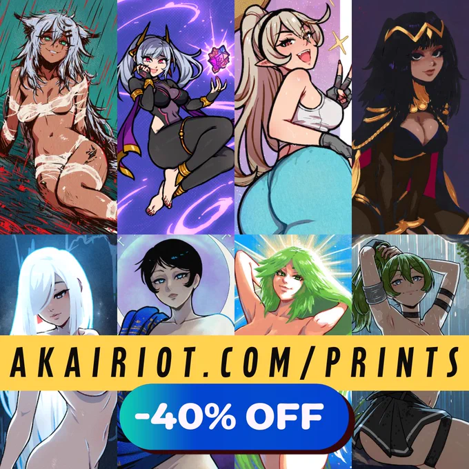 A collage of my print designs, with text across the bottom third reading: AKAIRIOT.COM/PRINTS and a little bubble that says 40% OFF.