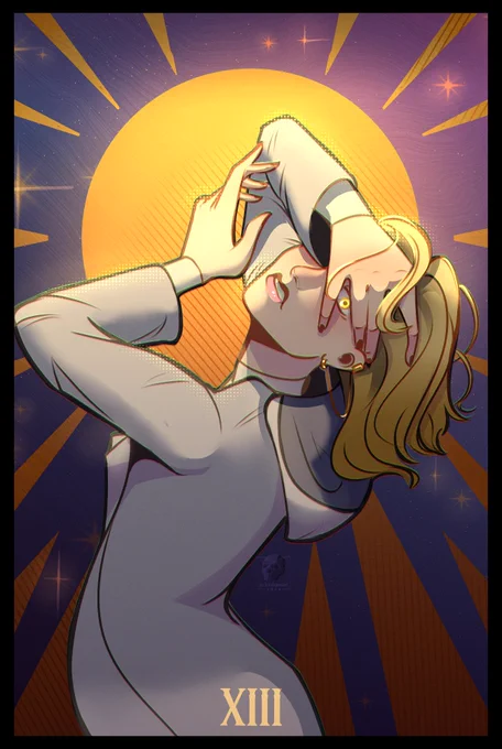 This is an art piece of the thirteenth doctor holding a hand over her head with a vibrant sun background and the roman numeral for thirteen at the bottom.