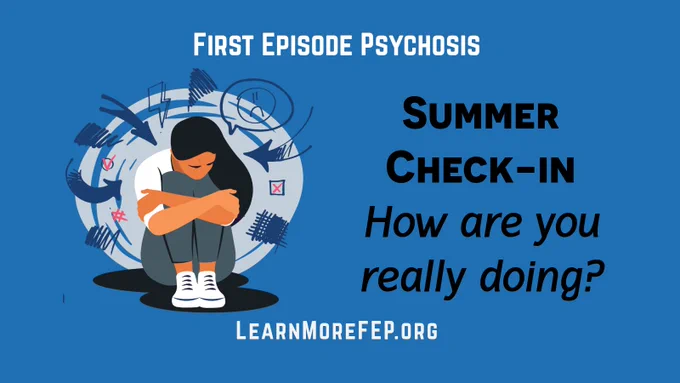 An illustration aimed at raising awareness about first episode psychosis, featuring a person sitting with arms around their knees surrounded by abstract symbols, with a call to action to check in on mental health.