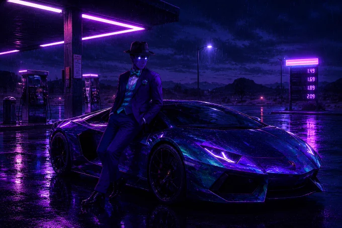 A man in a stylish suit poses by a sleek, illuminated Lamborghini at a gas station, surrounded by purple neon lights and rain.