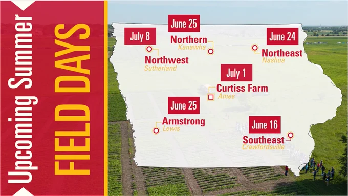 Upcoming Summer Field Days: Southeast, June 16; Northeast, June 24; Armstrong, June 25; Northern, June 25; Curtiss Farm, July 1; Northwest, July 8.