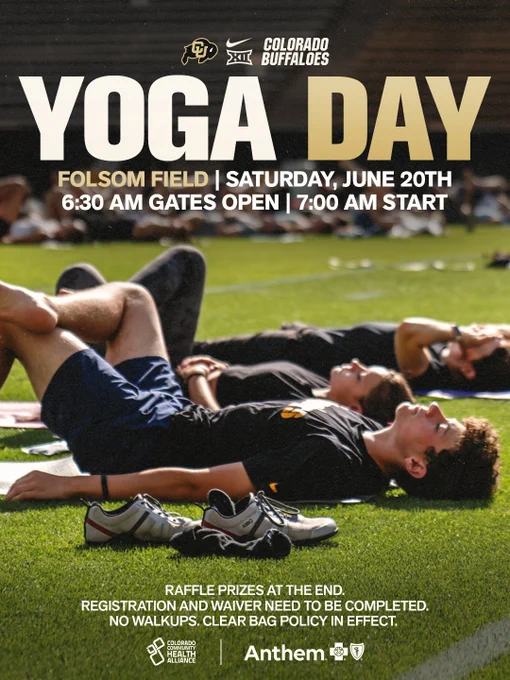 Folsom Field Yoga Day Saturday, June 20
6:30am gates, 7am start
Raffle prizes at the end. Registration and waiver need to be completed. no walkups. clear bag policy in effect.