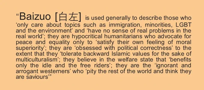 “Baizuo [白左] is used generally to describe those who ‘only care about topics such as immigration, minorities, LGBT and the environment’ and ‘have no sense of real problems in the real world’; they are hypocritical humanitarians who advocate for peace and equality only to ‘satisfy their own feeling of moral superiority’; they are ‘obsessed with political correctness’ to the extent that they ‘tolerate backward Islamic values for the sake of multiculturalism’; they believe in the welfare state that ‘benefits only the idle and the free riders’; they are the ‘ignorant and arrogant westerners’ who ‘pity the rest of the world and think they are saviours’”