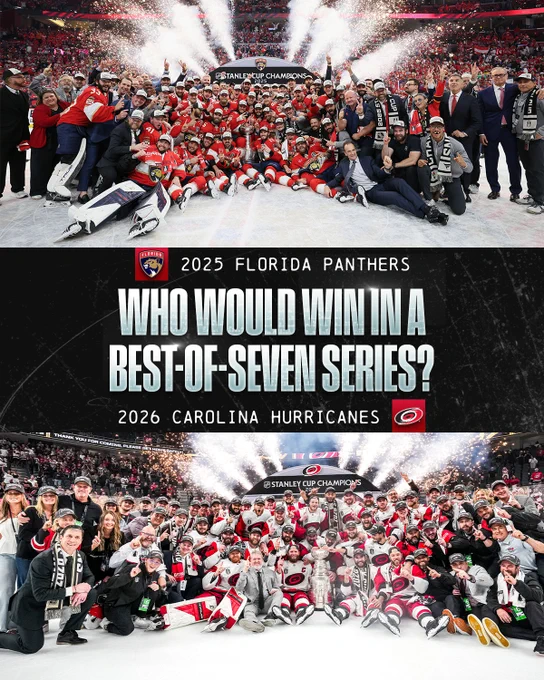 Top: Photo of the 2025 Florida Panthers with the Stanley Cup.\n\nMiddle: Text reading, \"Who would win in a best-of-seven series?\"\n\nBottom: Photo of the 2026 Carolina Hurricanes with the Stanley Cup.