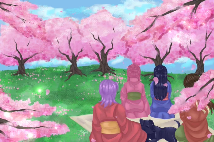 Digital art of Klint, Lady Baskerville, Ms. Asougi, Balmung and Genshin having a cherry blossom picnic in japaneese clothing on a sunny day.