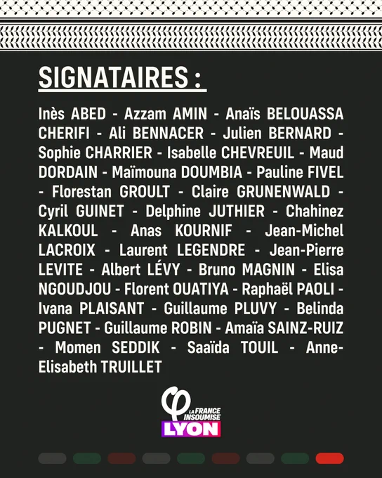 SIGNATAIRES :
Inès ABED - Azzam AMIN - Anaïs BELOUASSA CHERIFI - Ali BENNACER - Julien BERNARD - Sophie CHARRIER - Isabelle CHEVREUIL - Maud DORDAIN - Maïmouna DOUMBIA - Pauline FIVEL - Florestan GROULT - Claire GRUNENWALD - Cyril GUINET - Delphine JUTHIER - Chahinez KALKOUL - Anas KOURNIF - Jean-Michel LACROIX - Laurent LEGENDRE - Jean-Pierre LEVITE - Albert LÉVY - Bruno MAGNIN - Elisa NGOUDJOU - Florent OUATIYA - Raphaël PAOLI - Ivana PLAISANT - Guillaume PLUVY - Belinda PUGNET - Guillaume ROBIN - Amaïa SAINZ-RUIZ - Momen SEDDIK - Saaïda TOUIL - Anne-Elisabeth TRUILLET