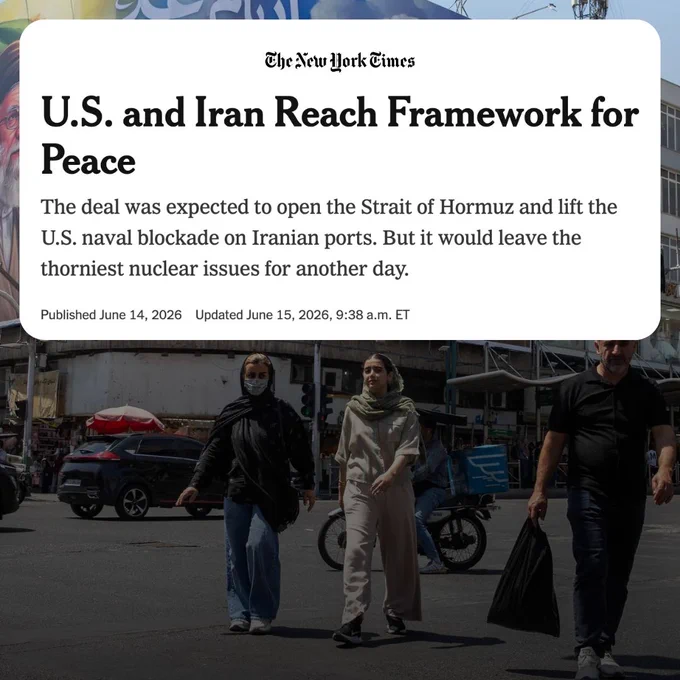 U.S. and Iran Reach Framework for Peace
The deal was expected to open the Strait of Hormuz and lift the U.S. naval blockade on Iranian ports. But it would leave the thorniest nuclear issues for another day.

Published June 14, 2026
Updated June 15, 2026, 10:59 a.m. ET
