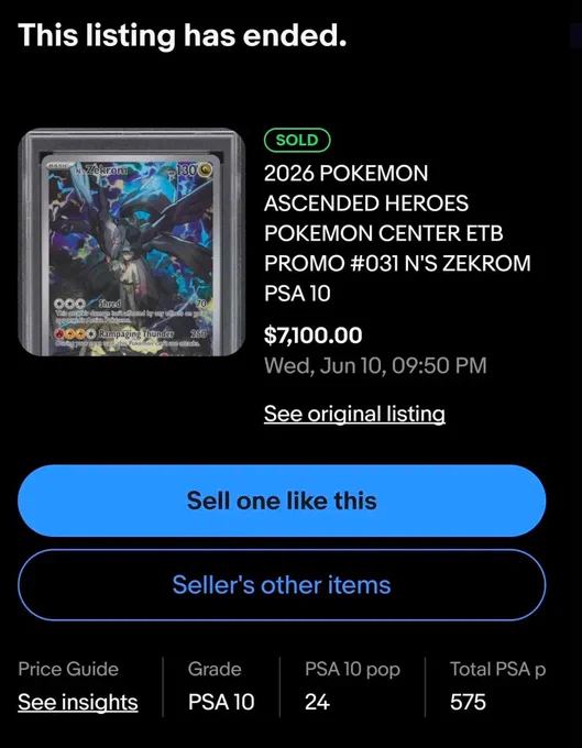 Picture showing Ascended Heroes Pokemon Center ETB promo N's Zekrom selling for $7100 on ebay