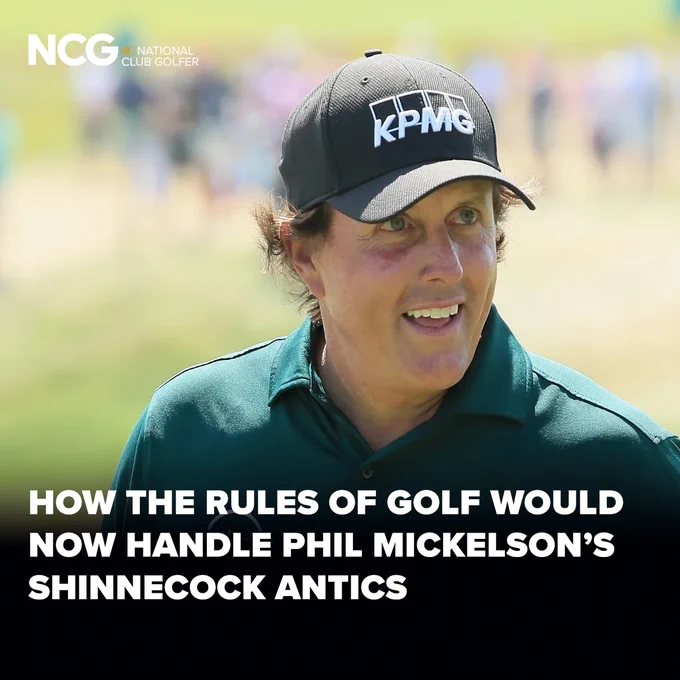 A golfer wearing a cap with a logo is featured in an article about golf rules and Phil Mickelson's actions at Shinnecock. The image conveys a lighthearted and engaging mood.