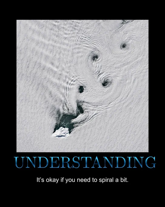 Motivational poster showing a satellite image of small dots, spirals, and whorls in the clouds. “UNDERSTANDING” is in large font below the image. Text reads: It’s okay if you need to spiral a bit.