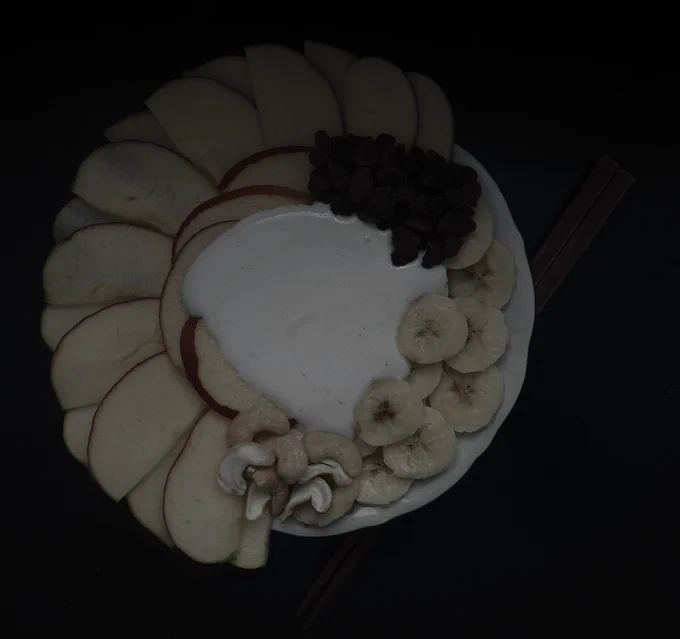 𓂃 ࣪˖ ִֶ♱261,5kcal
my dinner tonight - just as any other - has been half an apple, half a banana, a scoop of raisins, some vanilla skyr, and~ a tiny scoop of cashews (* >ω<) </33