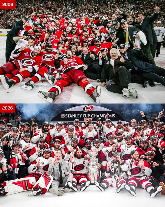 Photo of the 2006 Hurricanes and 2026 Hurricanes as Stanley Cup Champions