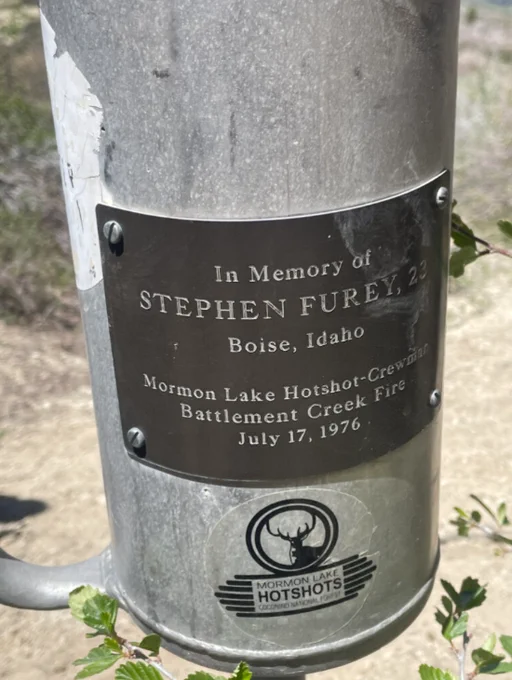 Memorial plaque on a drip torch honoring Stephen Furey, 23, from Boise, Idaho, who died in the Battlement Creek Fire on July 17, 1976.