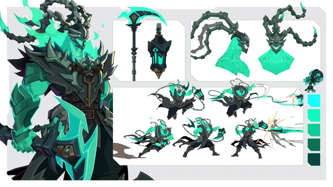 A selection of Thresh art, including concepts for his design. A full-body illustration of him appears on the left. An illustration of his lantern and scythe appear in the middle. In the top right are two angles of his head and shoulders, and sketches of him in various action poses appear in the bottom right. A sketch of The Wretch and Thresh's color palette swatches decorate the frame.