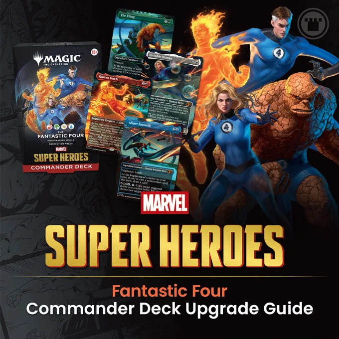 Promotional image for a Magic: The Gathering Commander Deck featuring Marvel's Fantastic Four. Colorful and engaging design with superhero illustrations alongside deck cards.