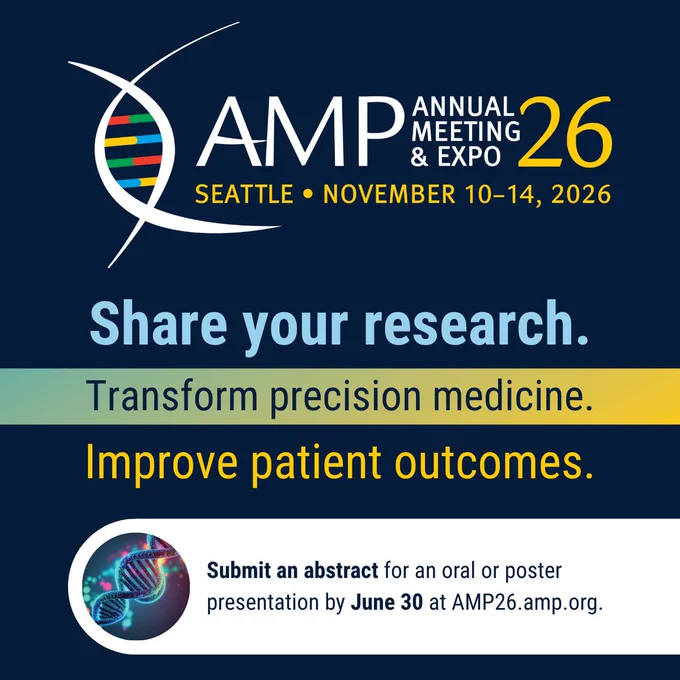 This is a call for submissions. The Association for Molecular Pathology will hold its annual meeting in November in Seattle. AMP is seeking submissions of abstracts to be considered for oral (platform or lightning) presentations and for poster presentations. The submission deadline is June 30. Submit at AMP26.amp.org.