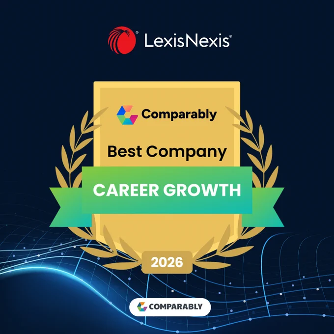 Award graphic featuring the LexisNexis logo and a banner that reads "Comparably Best Company Career Growth 2026." The background includes a wave pattern and the Comparably logo.
