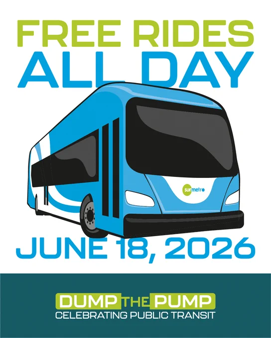 Illustrated Sun Metro bus with text: Free rides all day, June 18, 2026. Dump the Pump: Celebrating Public Transit