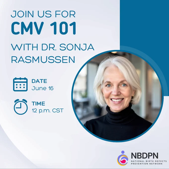 Blue background with an image of Dr. Sonja Rasmussen. Text reads, "Join us for CMV 101 with Dr. Sonja Rasmussen. Date June 16. Time 12 p.m. CST."