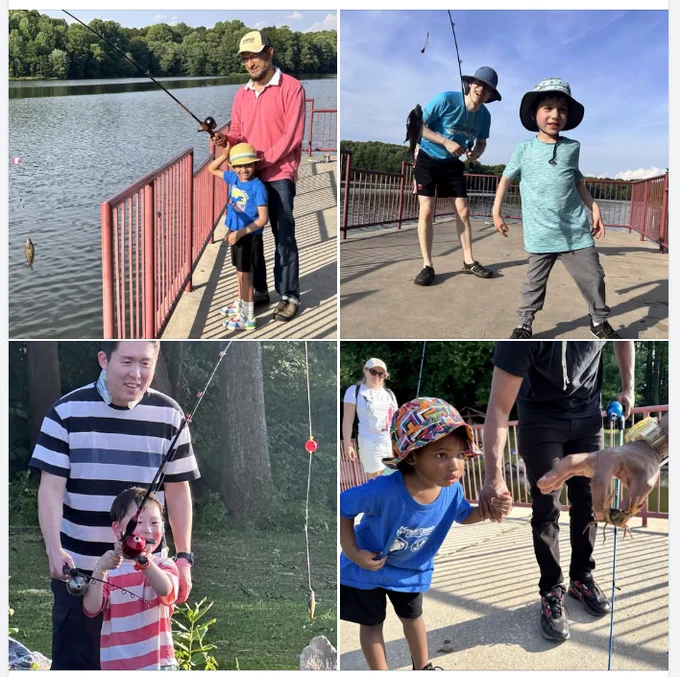Photos of Dads and their kids child fishing together on a dock by a calm lake surrounded by trees.