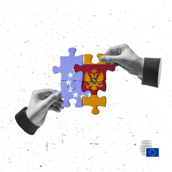Two hands fit together four interlocking jigsaw pieces, one showing the European Union flag and the other the Montenegrin flag, symbolising closer relations between the EU and Montenegro.