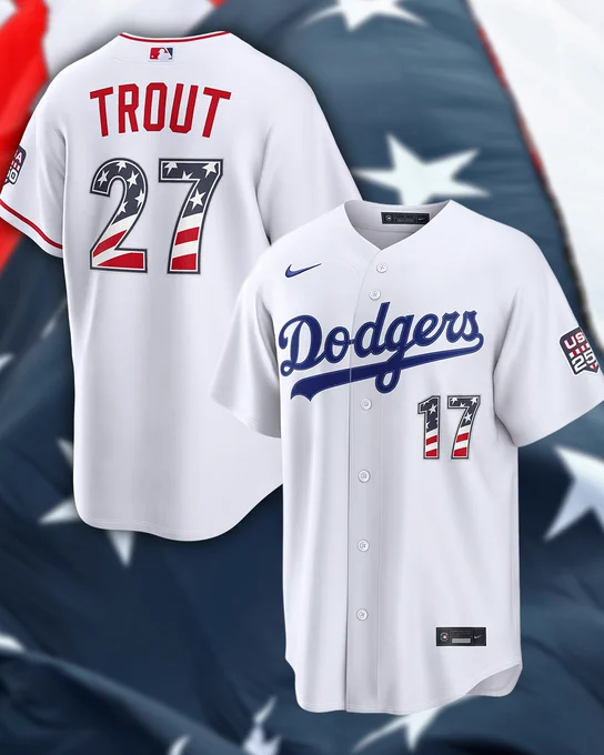 The graphic features the back of a home white Mike Trout Angels uniform with the American flag running through his No. 27 and the front of a home white Shohei Ohtani Dodgers uniform with the American flag running through his No. 17.