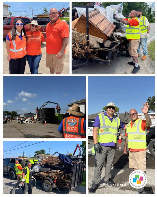 Collage of community cleanup event images. Volunteers in bright vests and hats assist in debris removal, piling branches and furniture into trailers and trucks. The logo ofHarris County Public Health is visible on some shirts and equipment. People are interacting and waving, surrounded by a suburban neighborhood setting.
