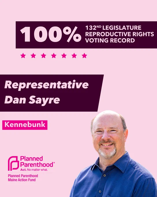 The words "100% 132nd legislature reproductive rights voting record" in light pink font on a maroon rectangle on the top right with a light pink background. Below the rectangle are seven bright pink stars. A photograph of Representative Dan Sayre is below on the right. To the left "Representative Dan Sayre" is written in light pink font on a maroon rhombus and "Kennebunk" is written below in light pink font on a bright pink background. On the bottom left is the Planned Parenthood Maine Action Fund logo in pink.