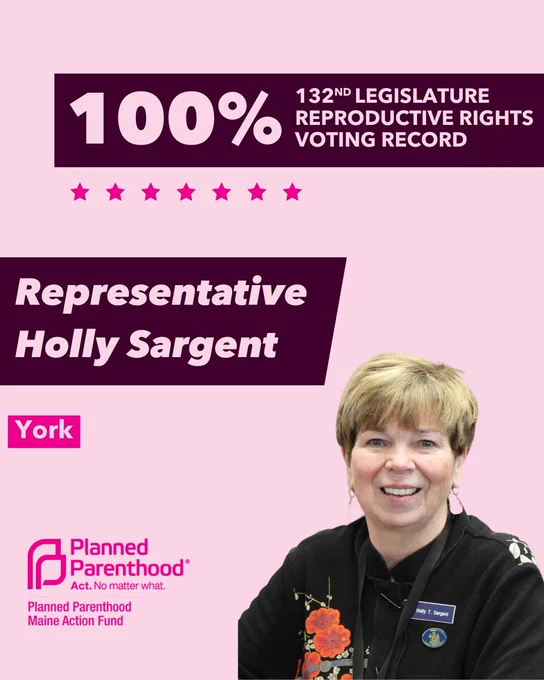 The words "100% 132nd legislature reproductive rights voting record" in light pink font on a maroon rectangle on the top right with a light pink background. Below the rectangle are seven bright pink stars. A photograph of Representative Holly Sargent is below on the right. To the left "Representative Holly Sargent" is written in light pink font on a maroon rhombus and "York" is written below in light pink font on a bright pink background. On the bottom left is the Planned Parenthood Maine Action Fund logo in pink.