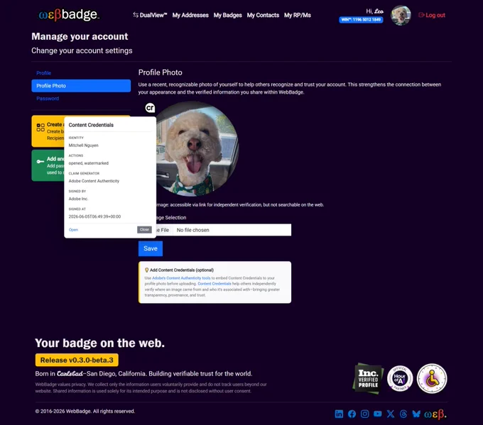 A web application screenshot of the WebBadge "Manage your account" profile photo settings page. The interface features a dark purple background with a circular profile picture of a light brown dog. Overlapping the picture is an open digital Nutrition Label for Content Credentials detailing the image's asset provenance: signed by Adobe Inc. on June 5, 2026, with actions indicating it was opened and watermarked. The footer displays the text "Born in Carlsbad–San Diego, California. Building verifiable trust for the world." alongside regional trust badges.