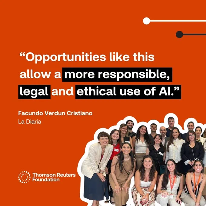 The photo shows a large group of training participants. The first half of the photo is shown on this slide. The accompanying quote reads: “Opportunities like this allow a more responsible, legal and ethical use of AI.” Facundo Verdun Cristiano, La Diaria