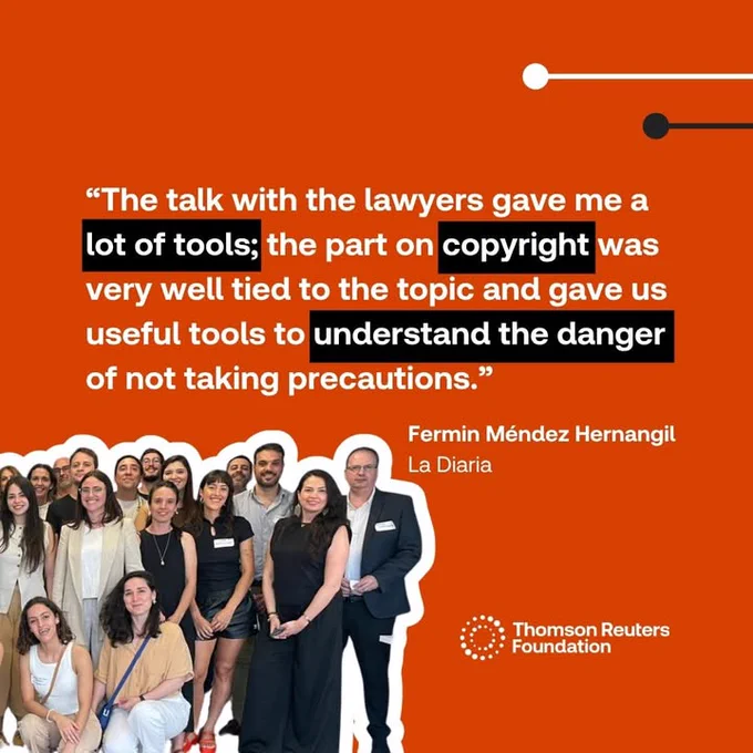 The photo shows the second half of the group photo shown in slide 3. The accompanying quote reads: “The talk with the lawyers gave me a lot of tools; the part on copyright was very well tied to the topic and gave us useful tools to understand the danger of not taking precautions.” Fermin Méndez Hernangil, La Diaria
