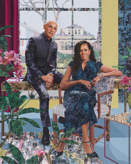 The Obamas' first-ever commissioned portrait together, painted by Njideka Akunyili Crosby, now featured in the lobby of the new Obama Presidential Library.