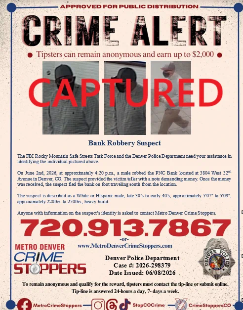 CrimeStoppers poster with red CAPTURED banner 