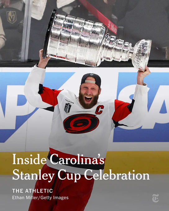 Jordan Staal of the Carolina Hurricanes hoists the Stanley Cup. Headline: Inside Carolina’s  Stanley Cup Celebration