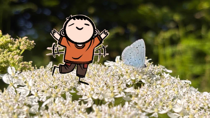 In a close-up picture of a wild carrot flower, a cartoony drawing of Kyungsoo is standing next to a blue butterfly. Kyungsoo is wearing an orange t-shirt, and a pair of brown trousers. He’s batting his arms, as though imitating a butterfly in flight, a blissful expression on his face.