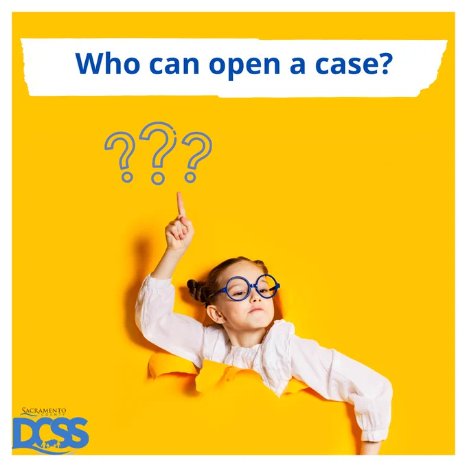 Child emerging from torn yellow paper pointing up under the question 'Who can open a case?' with three question marks above.