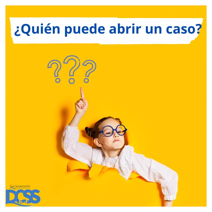 Child in white shirt emerging from torn yellow paper, pointing up with question marks above, asking who can open a case in Spanish text.
