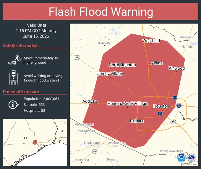 This graphic displays a flash flood warning plotted on a map. The warning is in effect until 2:15 PM CDT. The warning includes Houston TX, Bellaire TX and Aldine TX.  This warning is for Harris County in southeastern Texas. Avoid walking or driving through flood waters! Move immediately to higher ground! There are 2,600,061 people in the warning along with 553 schools and 58 hospitals.