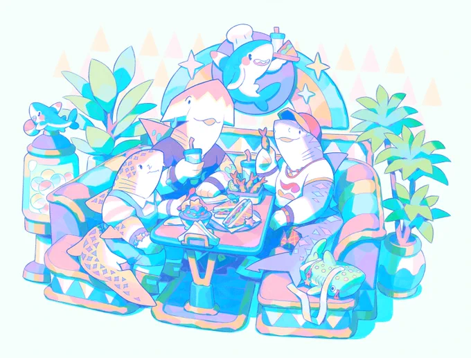 An illustration of my three sharkfolk OCs, Roberto, Tiago, and Aria, interacting while eating at a diner.

The scene shows the three sitting at a table in a diner called "Fintastic Snacks." Roberto, the great hammerhead shark, is sitting next to Aria, holding a drink while listening attentively to what Tiago is saying. Aria, the zebra shark, beside him, is also just observing curiously, while holding a dessert spoon. Tiago, the tiger shark, is sitting on the other side of the table, saying something that sparks the interest of his friends, while holding a breaded fried fish. Next to him is a whale shark-shaped bag.

On the table, there are two triangular salmon sandwiches, a portion of breaded fried fish, and what appears to be a blue ice cream with crunchy sprinkles.

Around them are plant pots, a sign with the diner's mascot, a small smiling blacktip reef shark wearing a chef's hat, holding a tray of snacks. There's also a gacha machine.