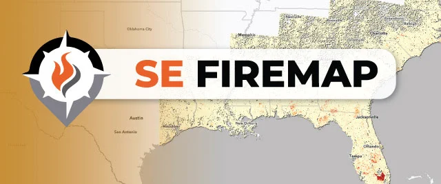 A graphic banner featuring the text "SE FIREMAP" with "SE" in orange and "FIREMAP" in black. To the left is a logo consisting of a black and gray compass rose enclosing an orange and gray flame. The background shows a shaded map of the southeastern region of the United States, indicating areas including Texas, Florida, and the surrounding Gulf Coast states.