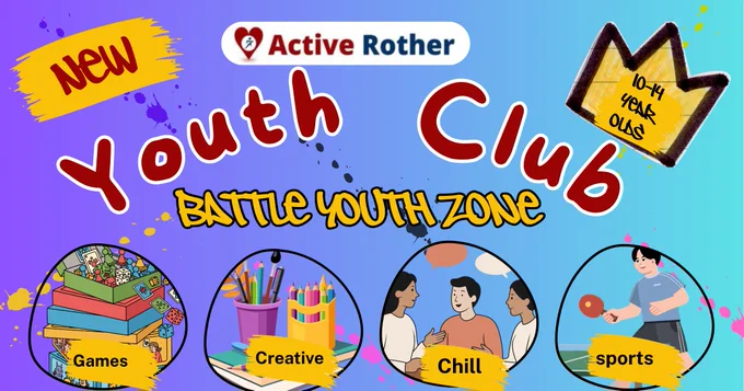 New Youth Club promotional image for Battle Youth Zone by Active Rother. Features illustrations of books and plants, creative tools, a group of people relaxing, and someone playing table tennis. Text highlights activities: Games, Creative, Chill, Sports. Targeted for 10-14 year olds.