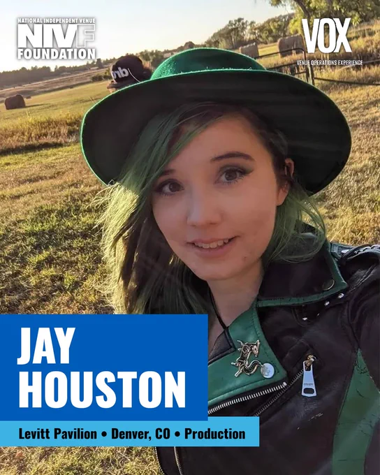 A woman with green hair and a green hat takes a selfie outdoors at sunset. The image includes informational text overlays about Jay Houston and a venue production role.