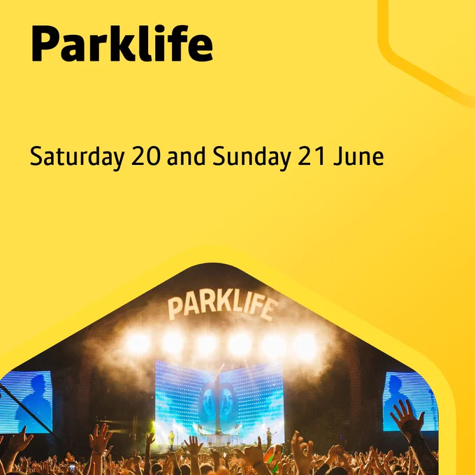 Photograph of the crowd at Parklife with a band on stage. Yellow boarder. Text: Parklife. Saturday 20 and Sunday 21 June. 