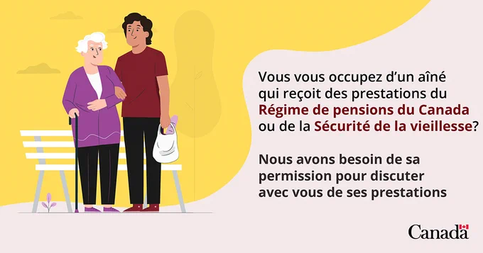 Vous vous occupez d’un aîné qui reçoit des prestations du Régime de pensions du Canada ou de la Sécurité de la vieillesse?

Nous avons besoin de sa permission pour discuter avec vous de ses prestations.
 
Deux adultes sont debout, bras dessus bras dessous. La personne plus âgée utilise une canne, et la plus jeune tient un sac.